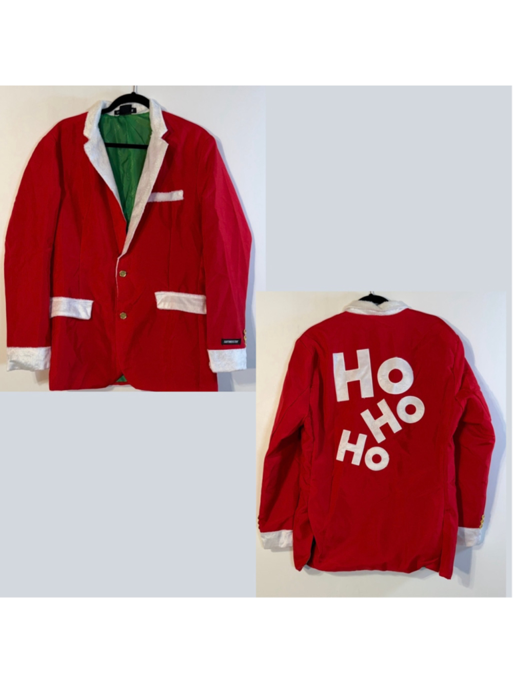 Santa Claus Blazer Suit Jacket Men’s Large Red White Faux Fur Ho Ho Ho Christmas
